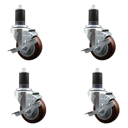 Service Caster 3.5'' Maroon Poly Swivel 1-5/8'' Expanding Stem Caster Set with Brake, 4PK SCC-EX20S3514-PPUB-MRN-TLB-158-4